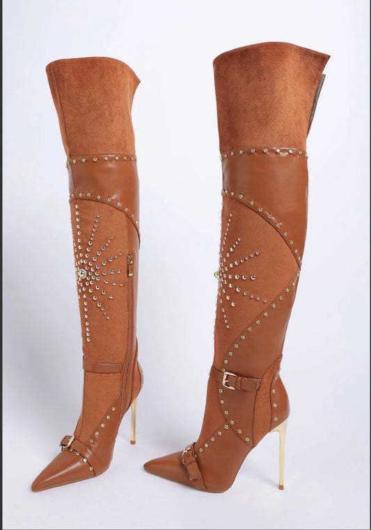 Tan Embellished stiletto Boots