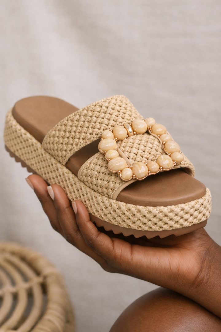 Woven Tan Beaded Slides